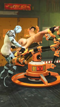 Ich will nur deinen schwanz! Roboter-transe fickt eine sexy vollbusige brünette im sci-fi-labor