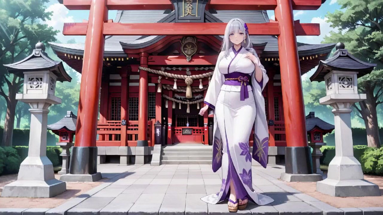 Tay Swift X: Stříbřité tajemství svatyně Miko! Napůl rozepnutá bílá kimono, klečící póza...