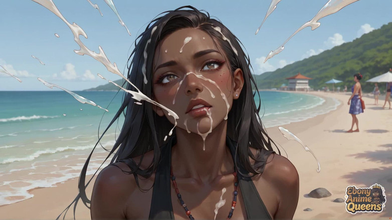 Ebony Anime Queens: Calda donna dalla pelle scura in costume da bagno ripresa...