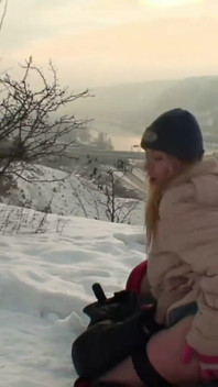 Blonde slut wearing fisnet stockings getting banged in snow outdoors