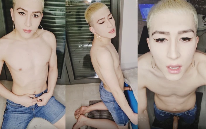 Viper Fierce: Femboy in jeans shorts and dirty feet fucks transparent fleshlight