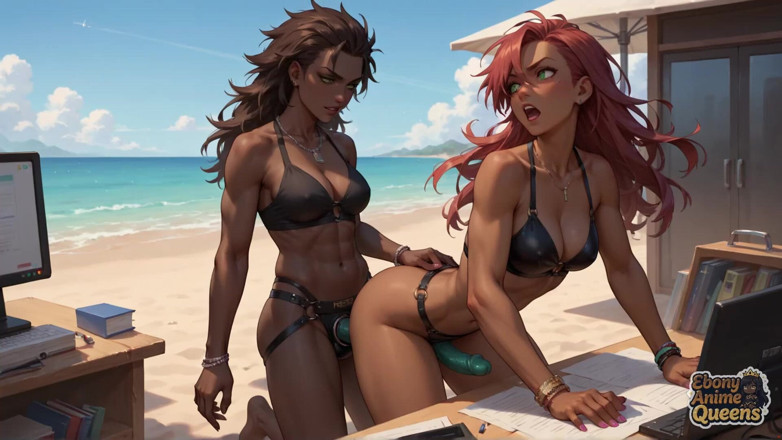 Ebony Anime Queens: Empat Ratu Eboni. 1 Pantai. Seks oral, bertiga. Si jalang panas...