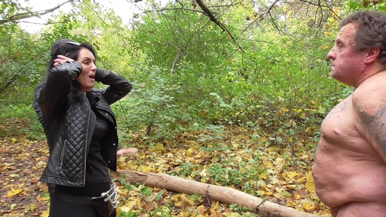 Femdom Austria: Slapping session in the forest for the naked male slave