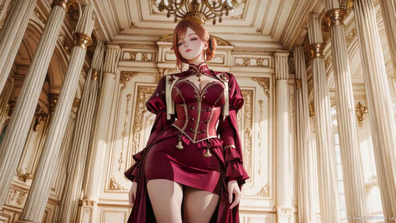 Seraphina Vale: Красная королева на Золотом Троне! Глубокое платье из Velvet, ленивый отдых на подбородке и взгляд, который запирается на вас. Она - правитель или добыча?
