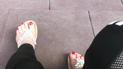 Goddess Misha Goldy: Sandals teasing outdoor with red toenails & toes wiggling