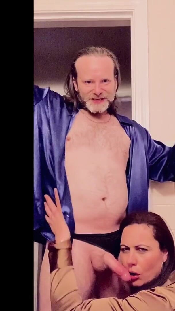 Satin Fetish King: Satin cougar cocksucker can't resist silky royal blue