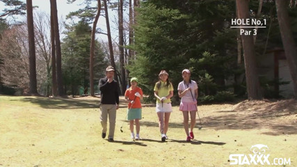 Staxxx: Cute Asian teen girls play a game of strip golf