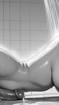 Solo Futa Moaning While Stroking Massive Cock in Steamy Shower