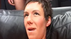 Short-haired German Whore Eats Cum After DP Gangbang Action