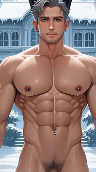 Mature Silver Fox Model Standing Nude in Glass House Winter Wonderland