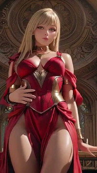 Blonde königin in rot! Sitzen am brunnen, Ihr schlitzkleid anpassen. Augen an dir gebunden.