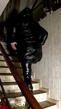 Dark Staircase Seduction. Shiny Long Jacket, Under Sheet Sex and Double Cum Finish