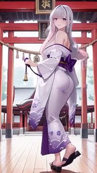 Silver-haired Miko Shrine Secrets! Half-unbuttoned White Kimono, Kneeling Poses and Intense Eye Contact.