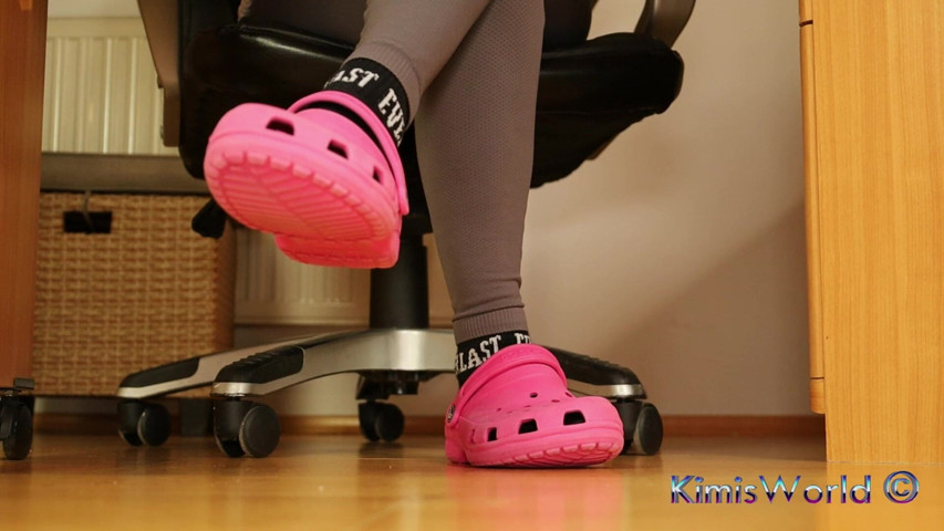 Under Desk Foot Play - Pink Clogs and Worn Socks (KimisWorld)