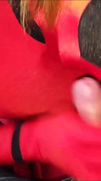 Zentai Deadpool meisje kostuum pijpbeurt