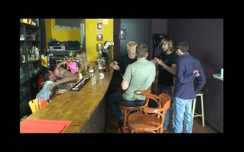 Bukkake for Young Girl Fucked in the Pub and Cumshot on the Face by Big Amateur Cocks