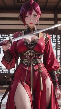 穿着高缝和服的紫色头发战争女仆，跪着戏弄你的眼睛，火辣的目光和湿润的，禁止的耳语。