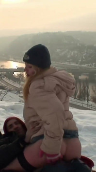 Blonde slut wearing fisnet stockings getting banged in snow outdoors