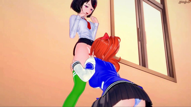 Hentai Smash: Kyoko eats out Misako before strapon fucking her against a...