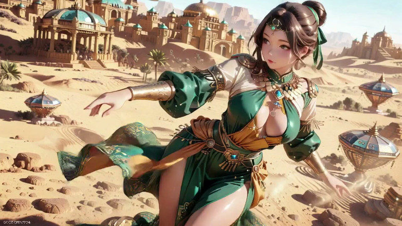 Seraphina Vale: ราชินีทองสีเขียว! ราชินีทองคํา ขี้เกียจนอนในพระราชวังทะเลทราย, นิ้วหยอกล้อผมและม่าน, แสงแดดจูบผิวอวบ