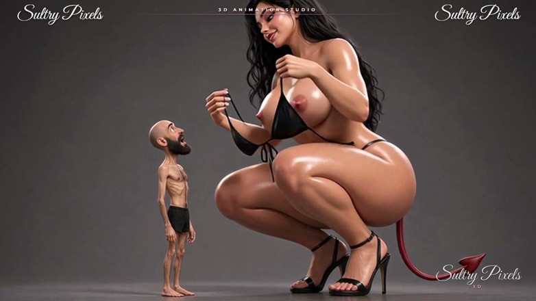 Sultry Pixels 3D: She-diavolo gigante si spoglia in topless per il suo piccolo...