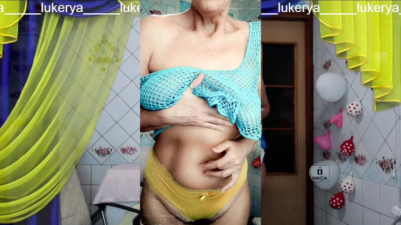 Lukerya: 늘 그렇듯 쾌활한 Lukerya는 노란색 팬티에 큰 젖탱이에 투명한 메쉬로 에로틱한 청소에 종사하고 있습니다.