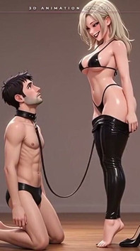 Große latex-blondine führt ihren mann mit halsband an der leine - Fuß in seinen mund