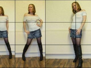 Horny vixen: Хейлі позує в колготках - джинсова міні-спідниця та чоботи