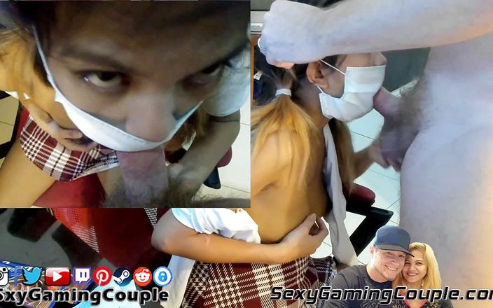 Sexy gaming couple: Quarantine Blowjob from college girl selling candy - cumm on facemask