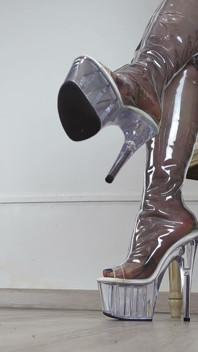 Shoeplay & Walking in High Heel Clear Pvc Thigh High Boots - Dame Olga 4K (743)