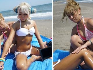 Japan Fetish Fusion: Cızırtılı yağa bulanmış plaj karşılaşması: samimi bronzlaşmış kız ikili