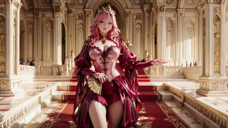 Seraphina Vale: Tronul Crimson Încornorarea Reginei Roz! Mătase roșie profundă, poala de aur, și...
