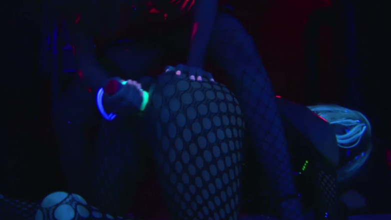 Lesbian Love Movies: Glow-in-the-dark Dildo - Fishnet Blonde and Brunette Play Under Blacklight
