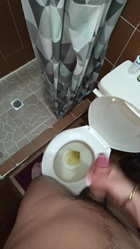 Two Shots of Cum on the Pee in the Bathroom