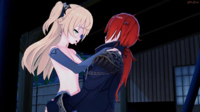 Fischl gets fucked against a wall and given a doggystyle creampie - Genshin impact Hentai.