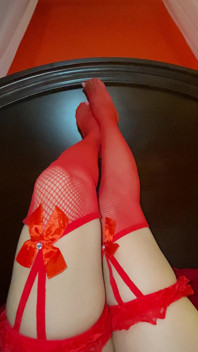 Really Sexy Legs with Tiny Sexy Asian Feet with Long Toes Red Stockings