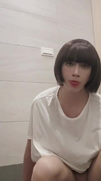 Shemale Ting Xuan Masturbating with a Dildo in a Public Toilet
