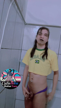 Carlazinha the Belly Button Pierced Whore Pulls Her Purple Panties to the Side and Shows Her Wet Cock