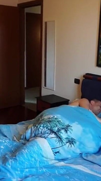 Three Sexy Babes Tease Naked Man in Bedroom Threesome