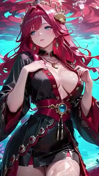 Forbidden Feast in the Underwater Palace, Black and Red Kimono Slightly Wet.