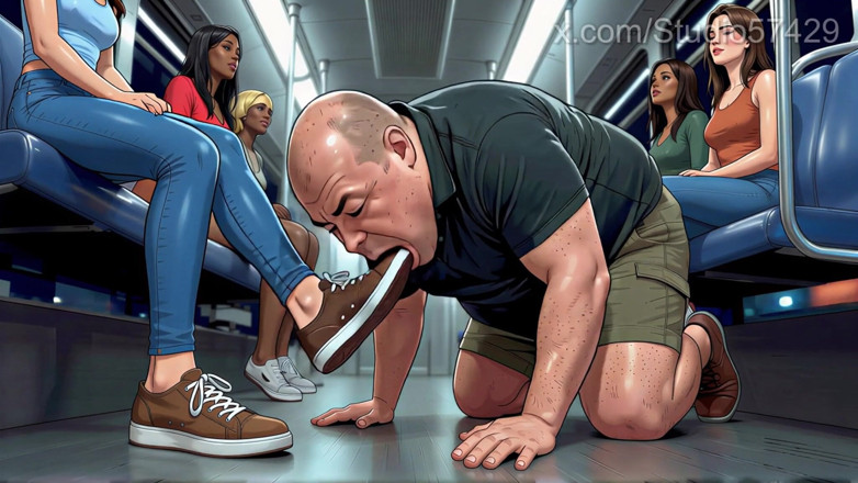 Supreme femdom: Shoe Pervert Licks Women's Shoes on a Crowded Bus