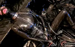 Slave slut-Orgasma Celeste in latex drool squirting on black dildo