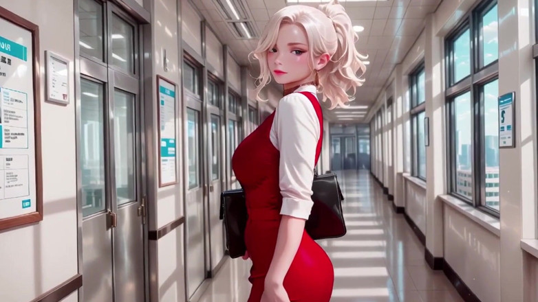 Tay Swift X: Blonde Secretary's Office Secret! Red Dress Hugging Curves, Beige Suit...