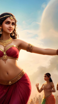 Hermosa chica elfo india desnuda de grandes pechos bailando en tradicional