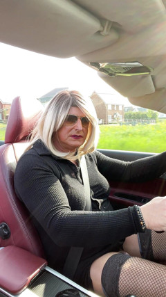 Amateur crossdresser Kellycd2022 sexy milf Saturday afternoon drive in tan pantyhose and fishnet stockings masturbating cumshot thumbnail