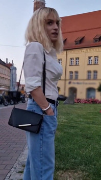 Public Wetting in the Middle of the City! Tranny Walking with Wet Jeans!