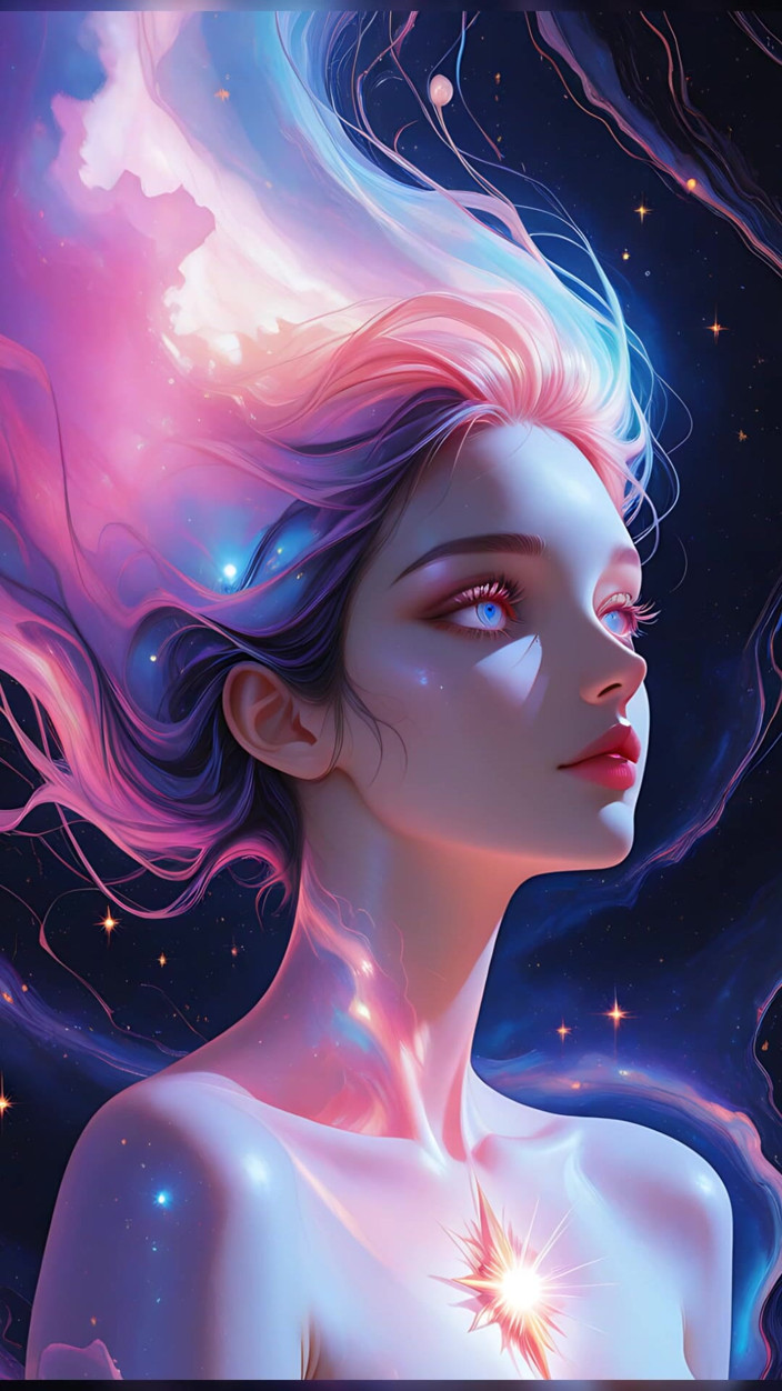 VelvetInk Studio: Kosmisk drömgudinna Naken kvinna flytande i surreal fantasi dreamscape ai...