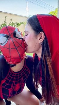 Spider-man Cosplay Threesome - Masked Throat, Outdoor Anal, Piss in Both Mouths