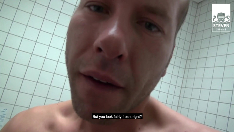 Steven Shame: Threesome on public toilet: 2 big cock fuckers share horny blondie