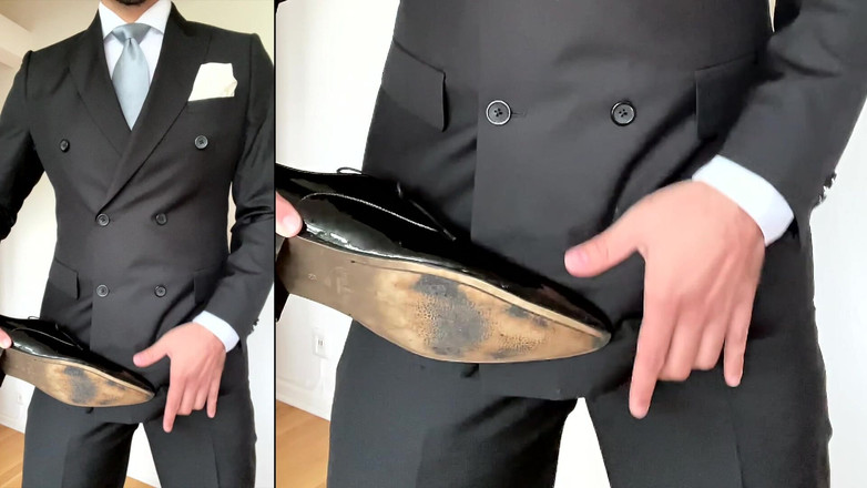Master Shiny Shoes: Suited Businessman Jerking off